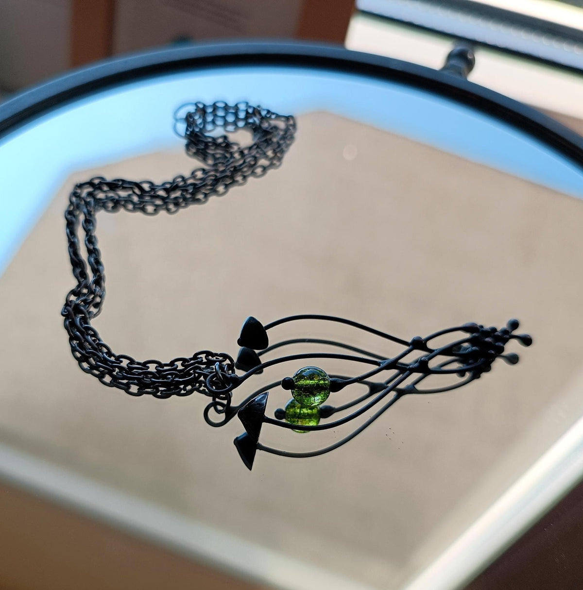 Green Glass Mushroom Pendant Necklace – Blackened Copper & Pewter Forest