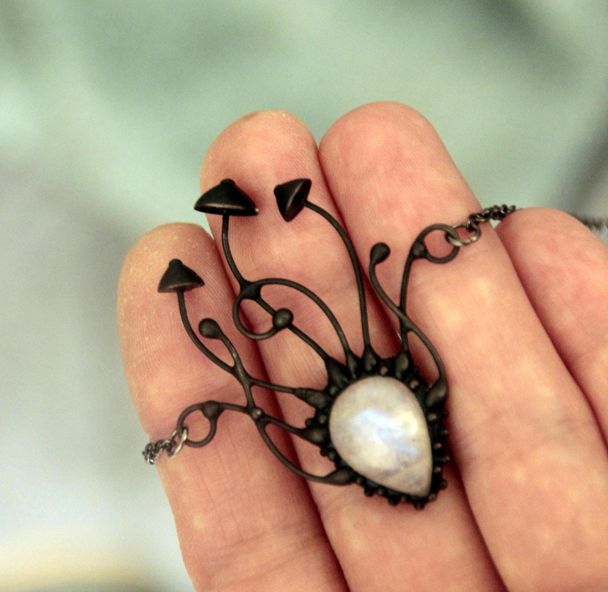 Moonstone Mushroom Cluster Necklace – Blackened Copper