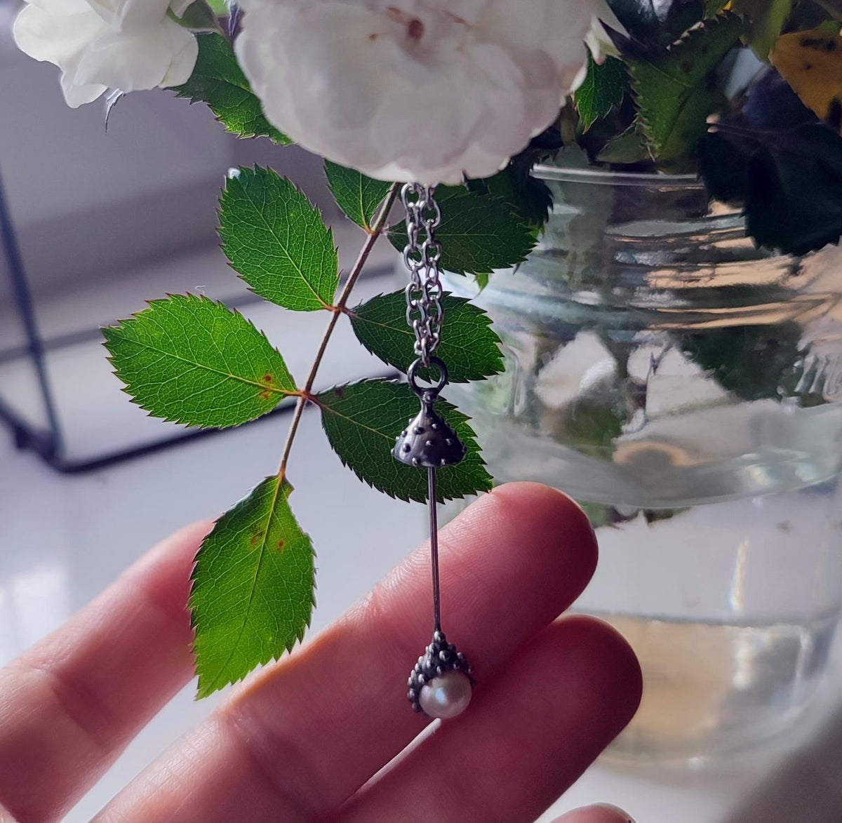 White Pearl Amanita Mushroom Necklace – Silver Tone