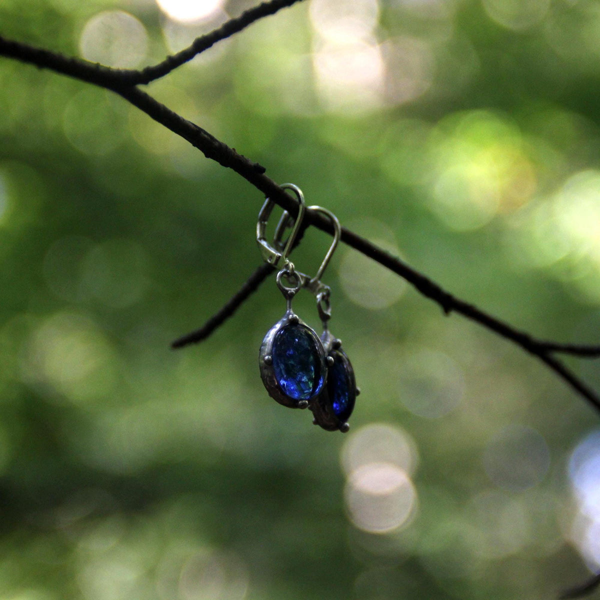 Blue Stained Glass Drop Earrings – Silver Tone
