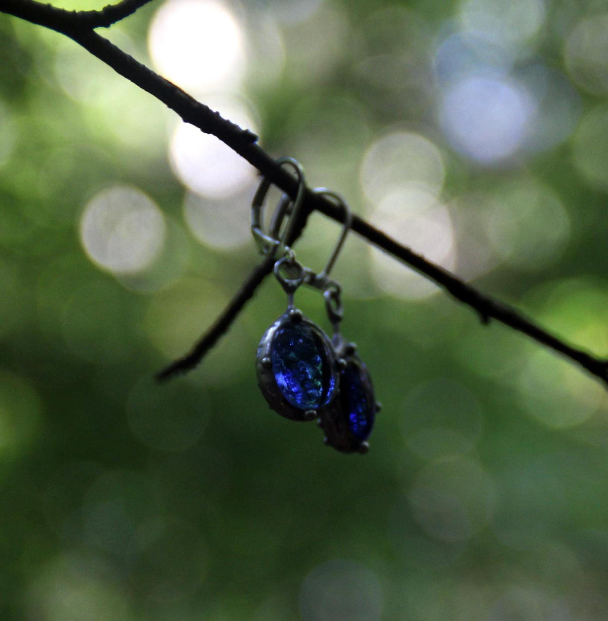 Blue Stained Glass Drop Earrings – Silver Tone