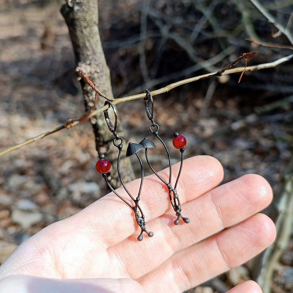 Red Glass Mushroom Earrings – Blackened Copper & Pewter Forest Dangles – Botanical