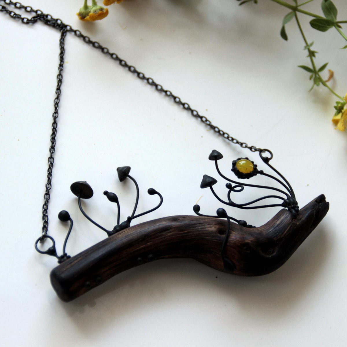 Yellow Glass Mushroom Necklace on Oak Branch – Blackened Copper