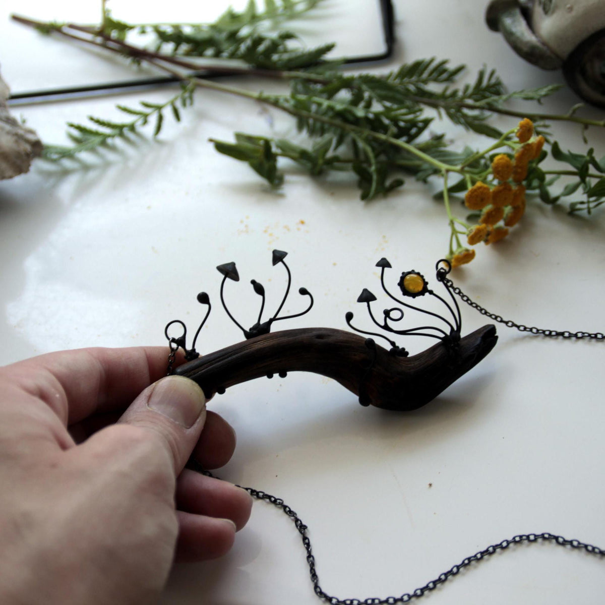 Yellow Glass Mushroom Necklace on Oak Branch – Blackened Copper
