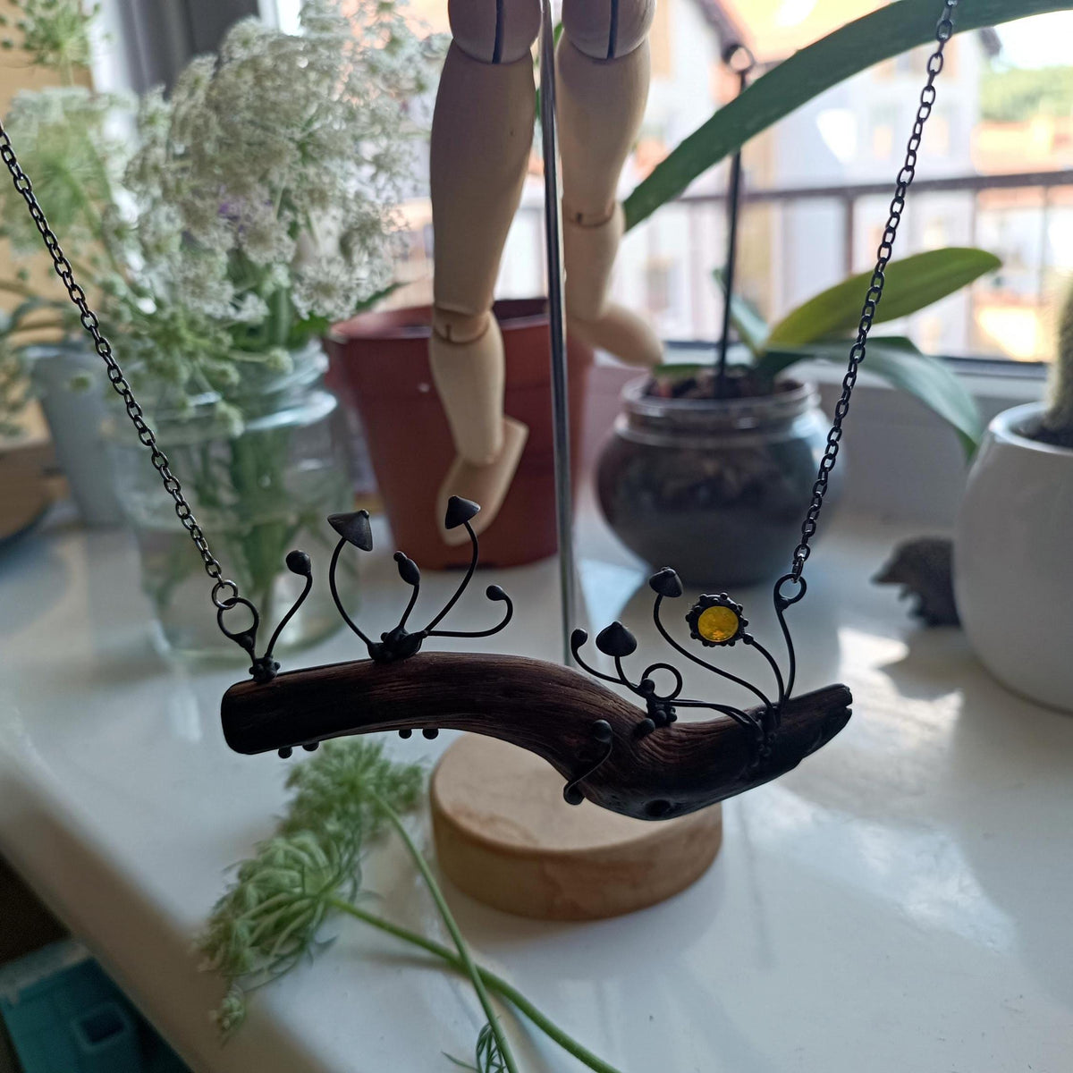Yellow Glass Mushroom Necklace on Oak Branch – Blackened Copper