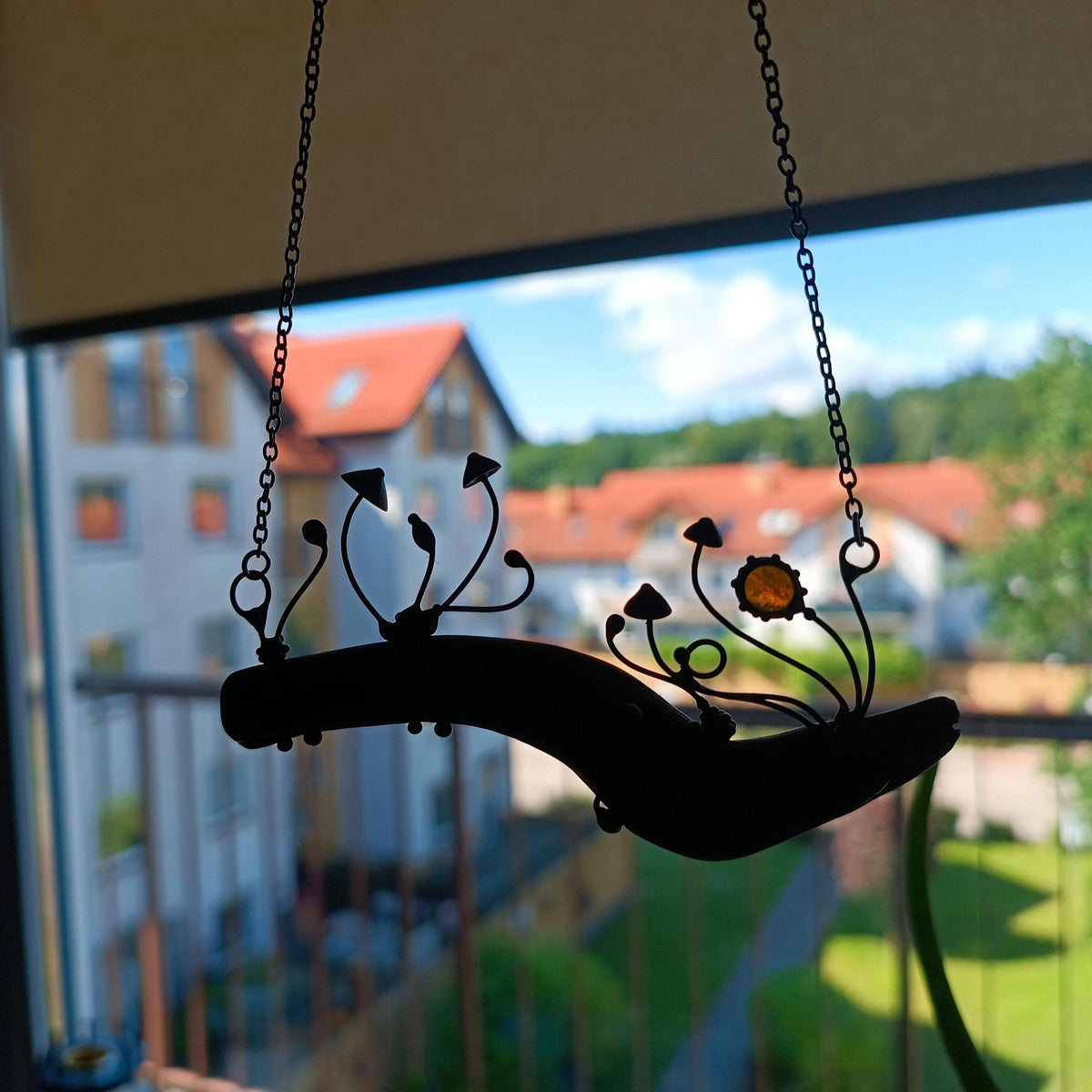 Yellow Glass Mushroom Necklace on Oak Branch – Blackened Copper
