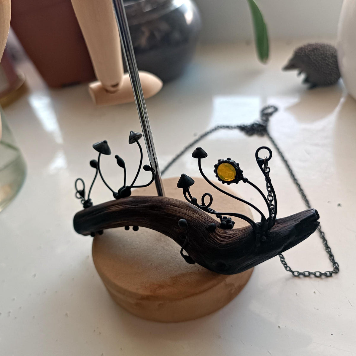 Yellow Glass Mushroom Necklace on Oak Branch – Blackened Copper