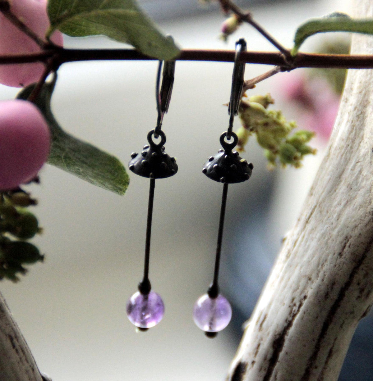 Amethyst Amanita Mushroom Earrings – Blackened Copper