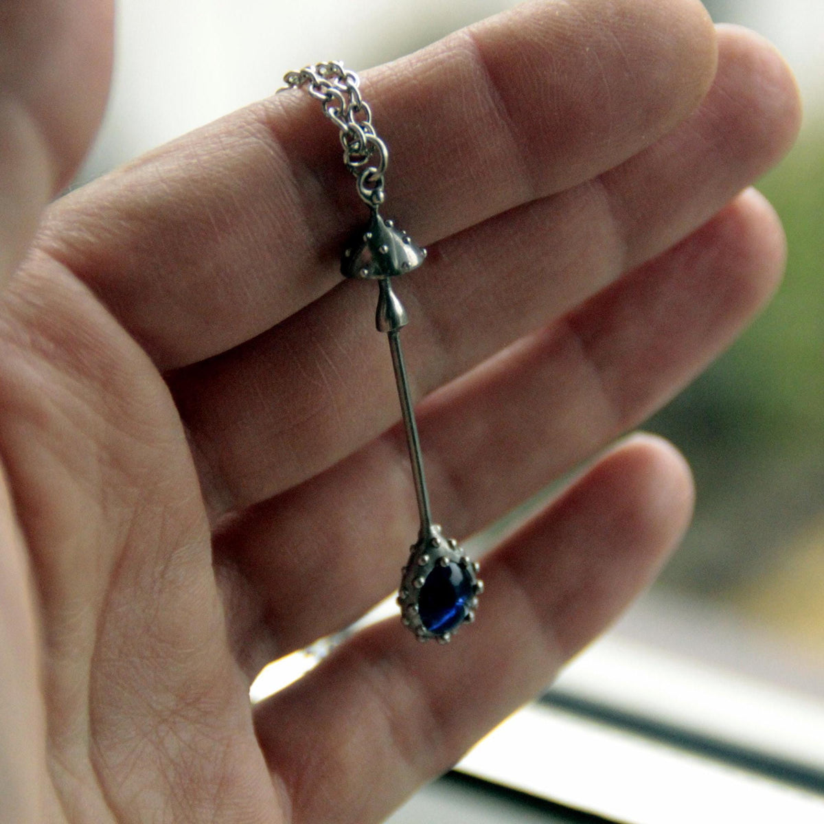 Blue Stained Glass Amanita Mushroom Necklace – Silver Tone