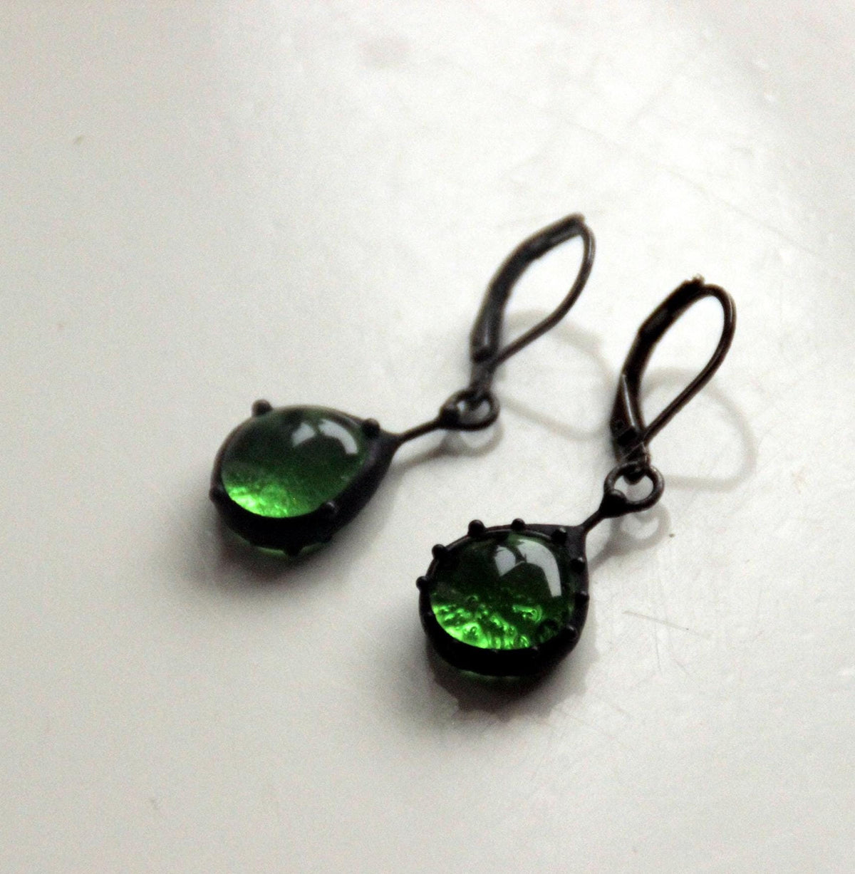 Dark Green Stained Glass Teardrop Earrings – Blackened Copper