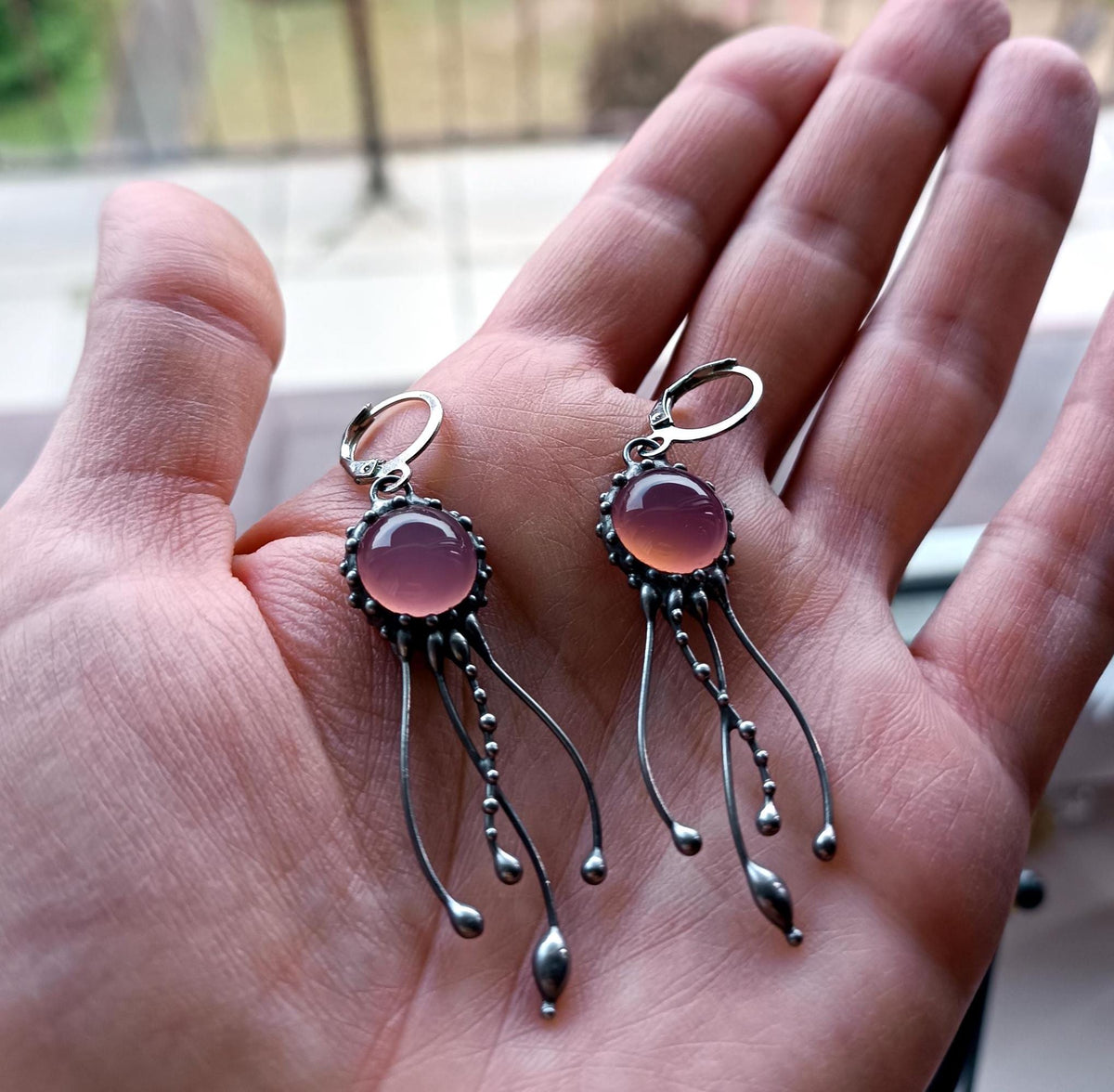 Rose Agate Jellyfish Earrings – Silver Tone