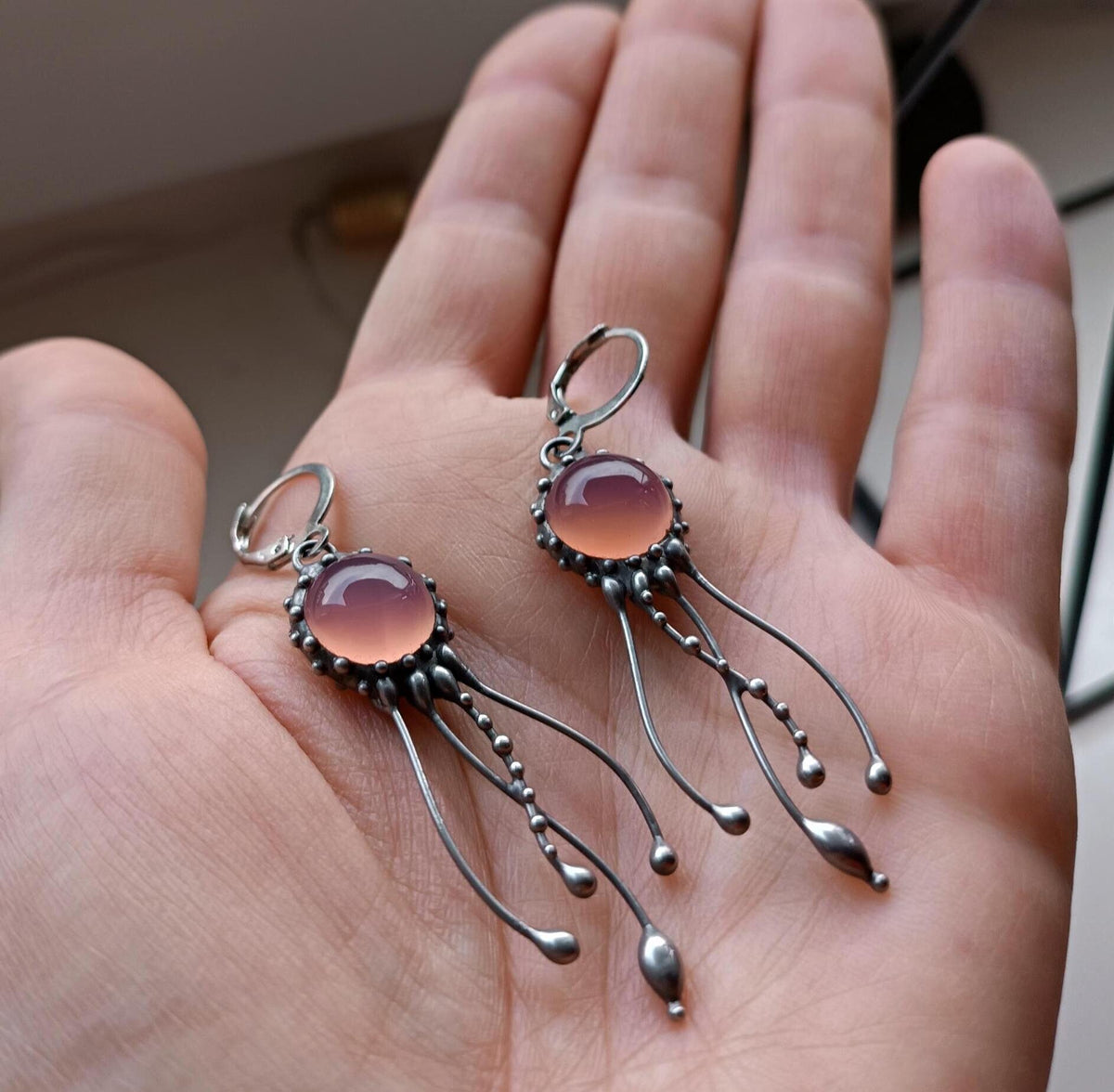 Rose Agate Jellyfish Earrings – Silver Tone