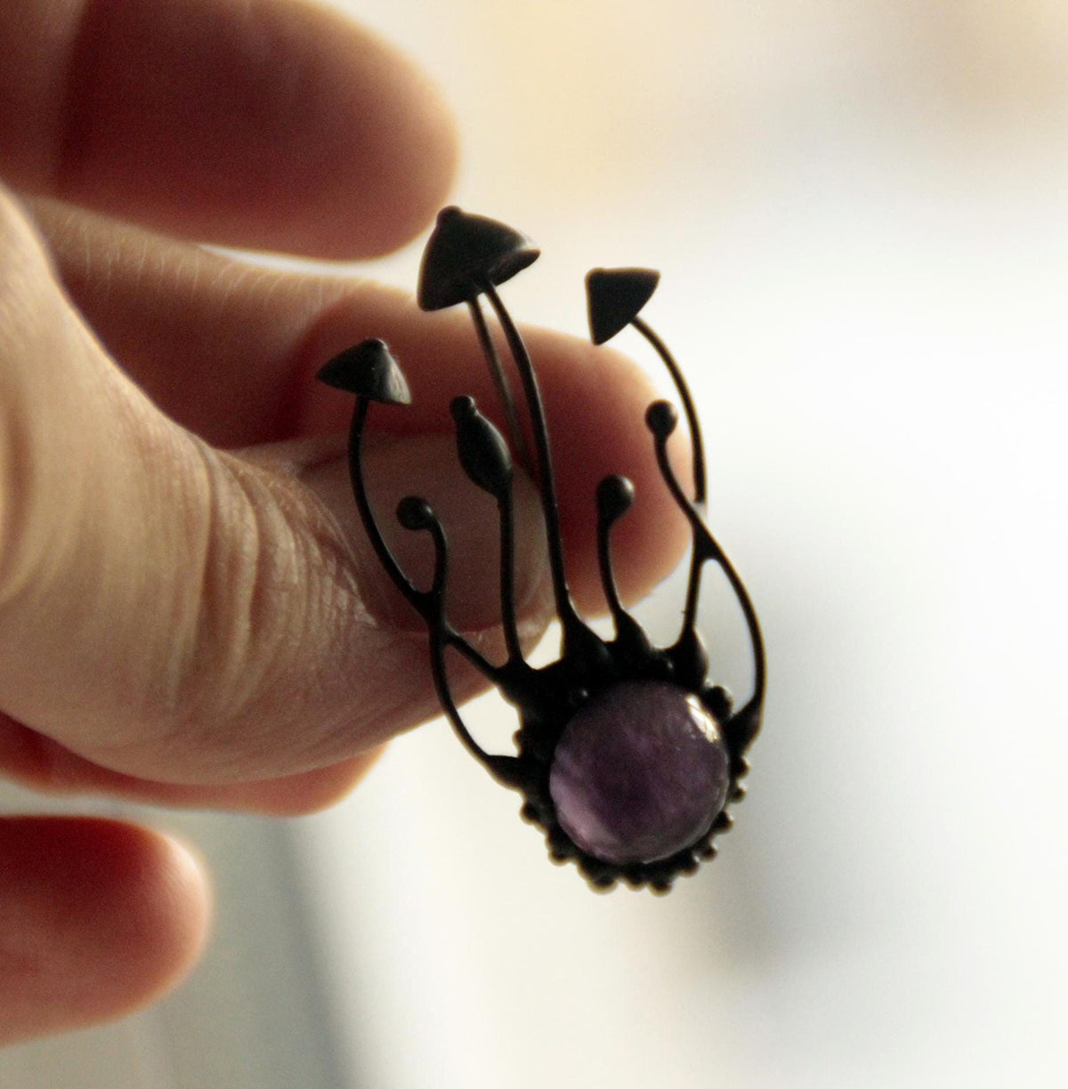 Amethyst Mushroom Cluster Brooch – Blackened Copper