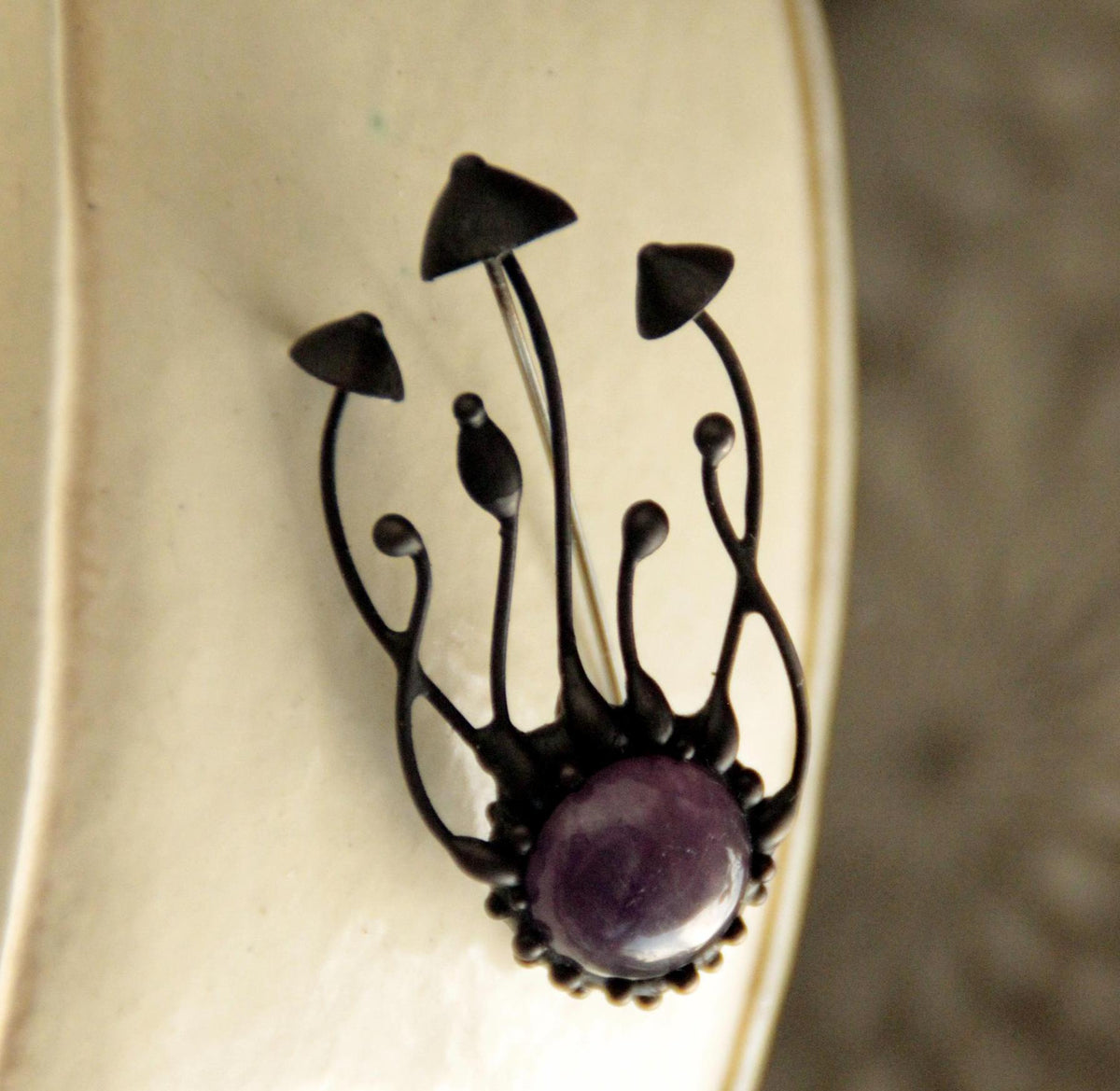 Amethyst Mushroom Cluster Brooch – Blackened Copper