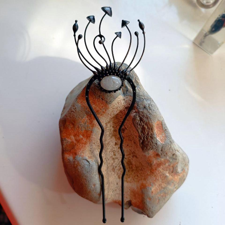 Moonstone Mushroom Hair Pin – Blackened Copper