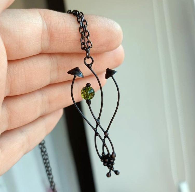 Green Glass Mushroom Pendant Necklace – Blackened Copper & Pewter Forest