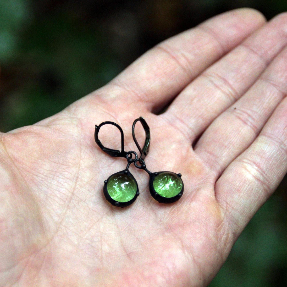 Green Stained Glass Suncatcher Earrings – Blackened Copper