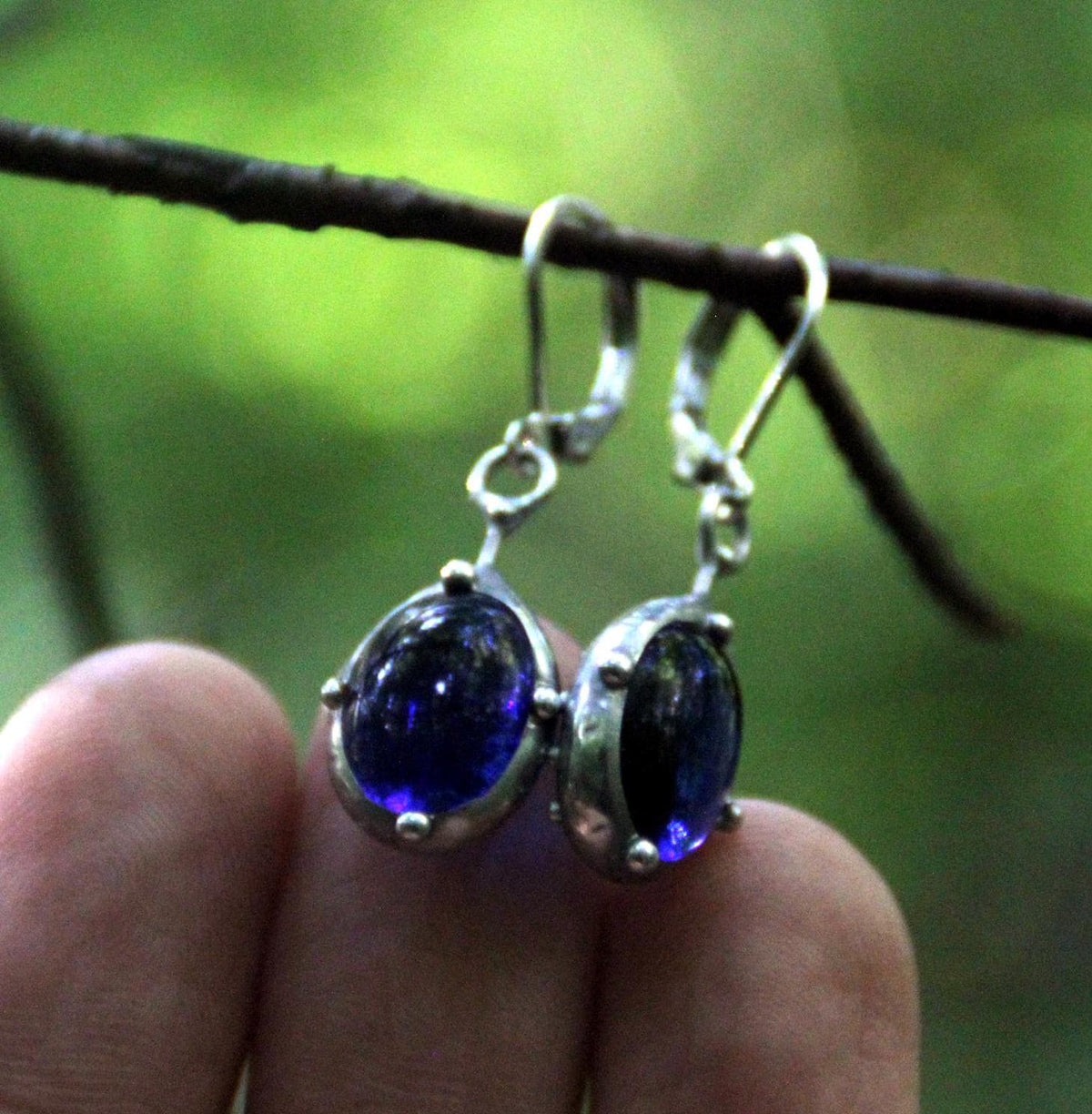 Blue Stained Glass Drop Earrings – Silver Tone