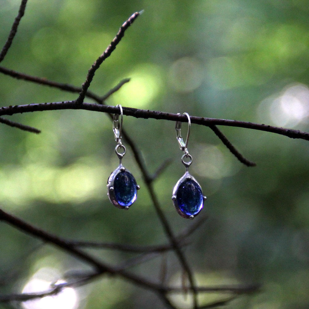 Blue Stained Glass Drop Earrings – Silver Tone