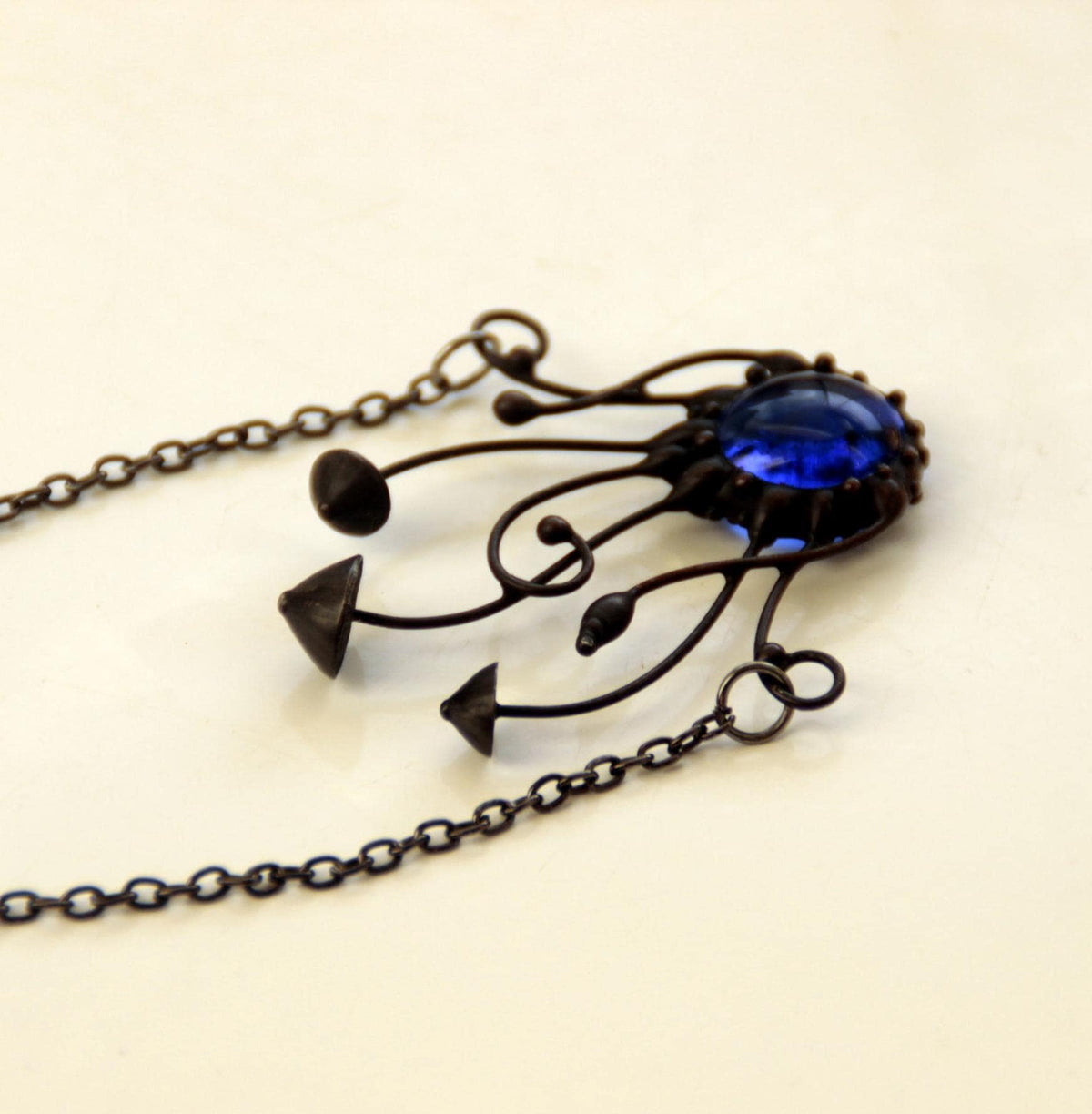 Blue Glass Mushroom Cluster Pendant – Blackened Copper