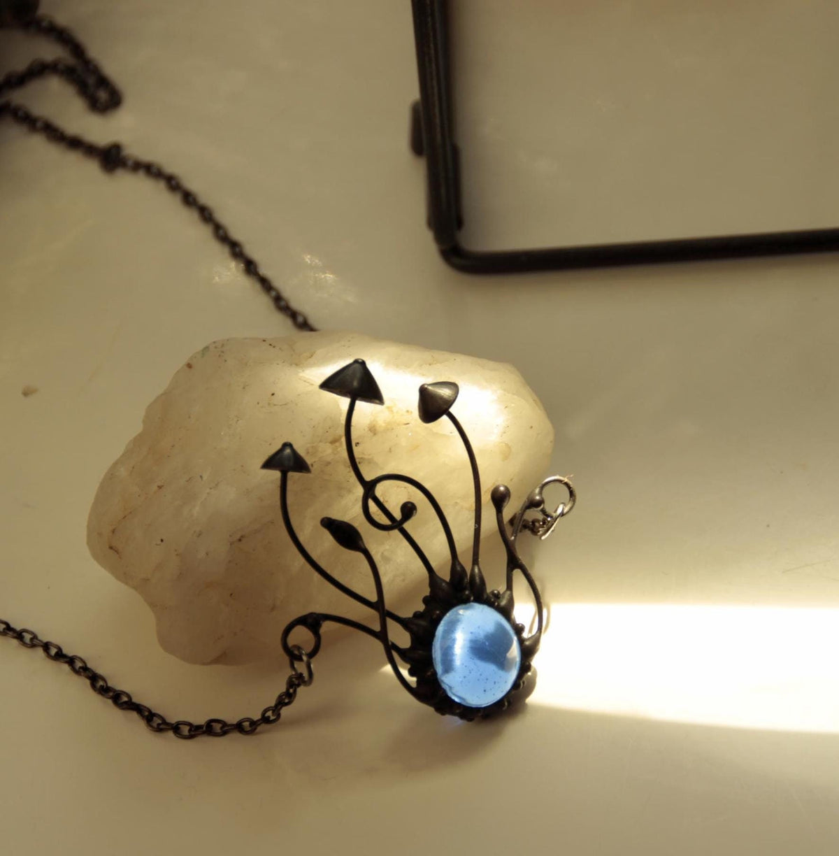 Blue Glass Mushroom Cluster Pendant – Blackened Copper
