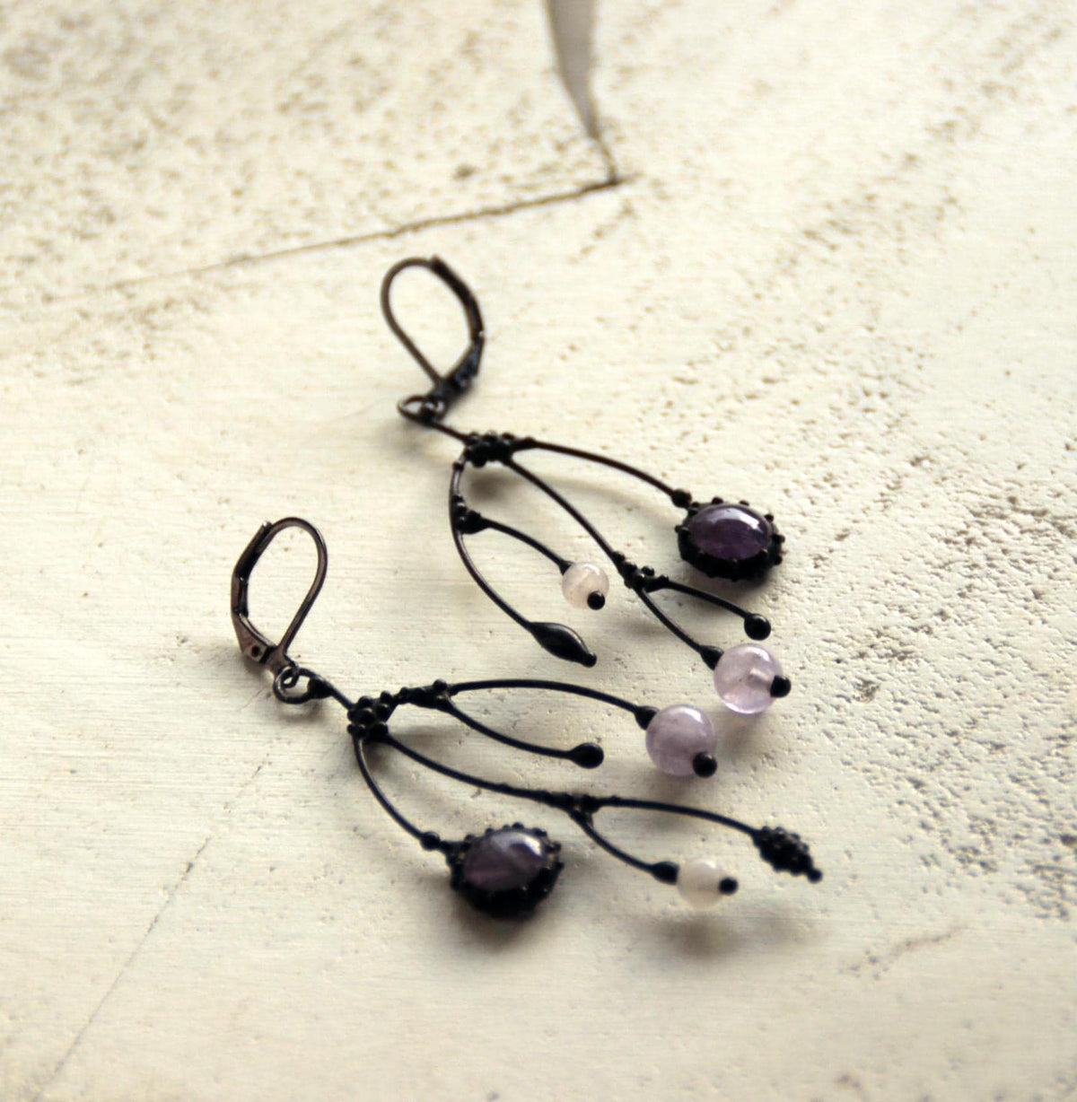 Amethyst Asymmetrical Branch Earrings – Blackened Copper