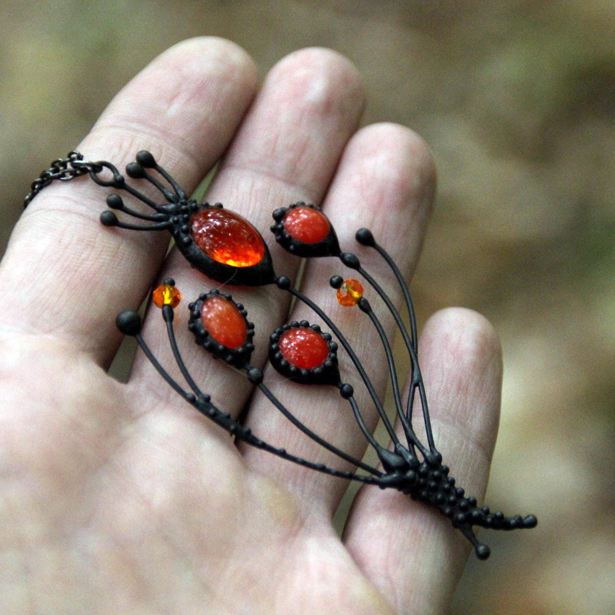 Red Stained Glass Poppy Necklace – Blackened Copper