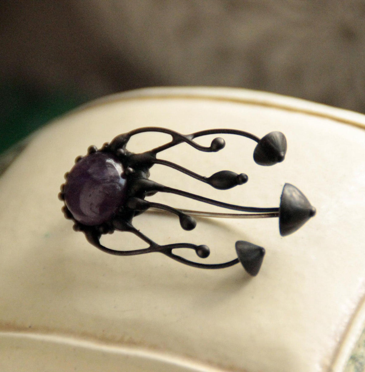 Amethyst Mushroom Cluster Brooch – Blackened Copper