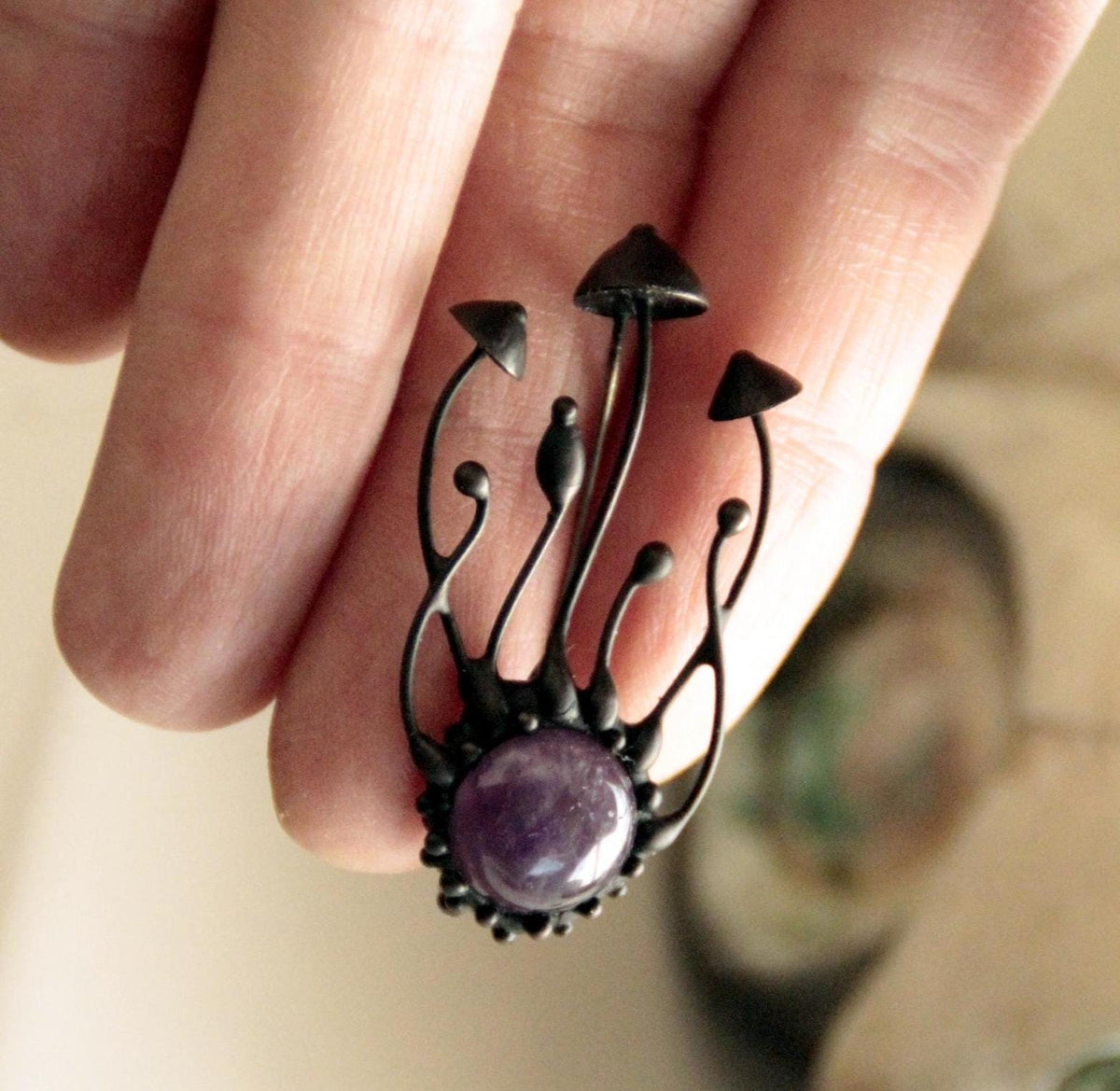 Amethyst Mushroom Cluster Brooch – Blackened Copper