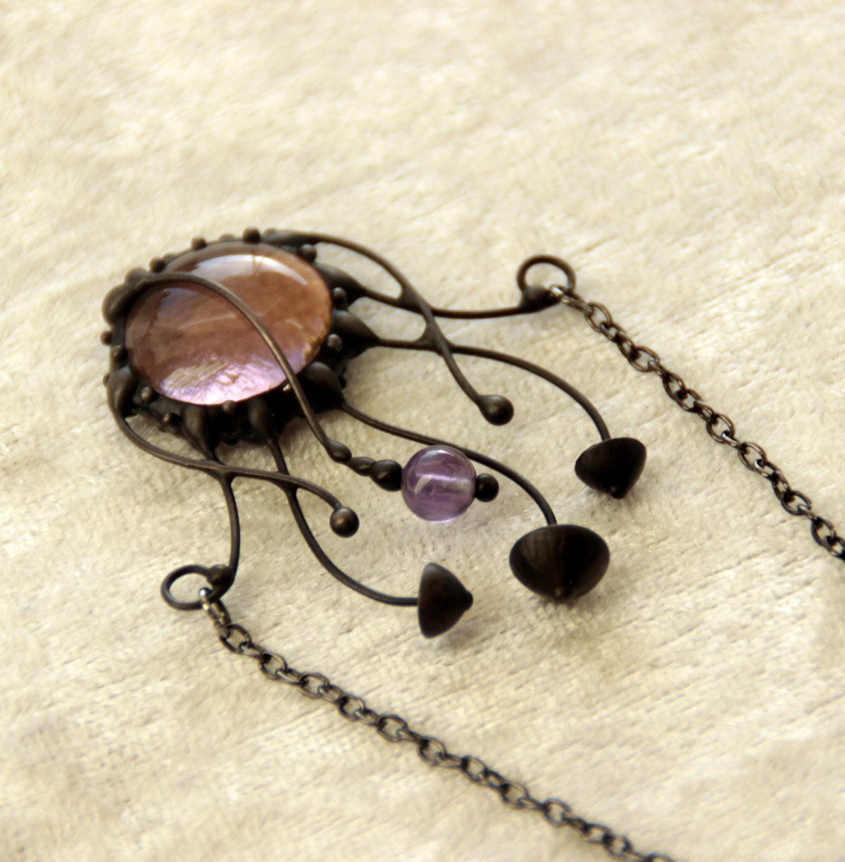 Pink Glass and Amethyst Mushroom Necklace – Blackened Copper