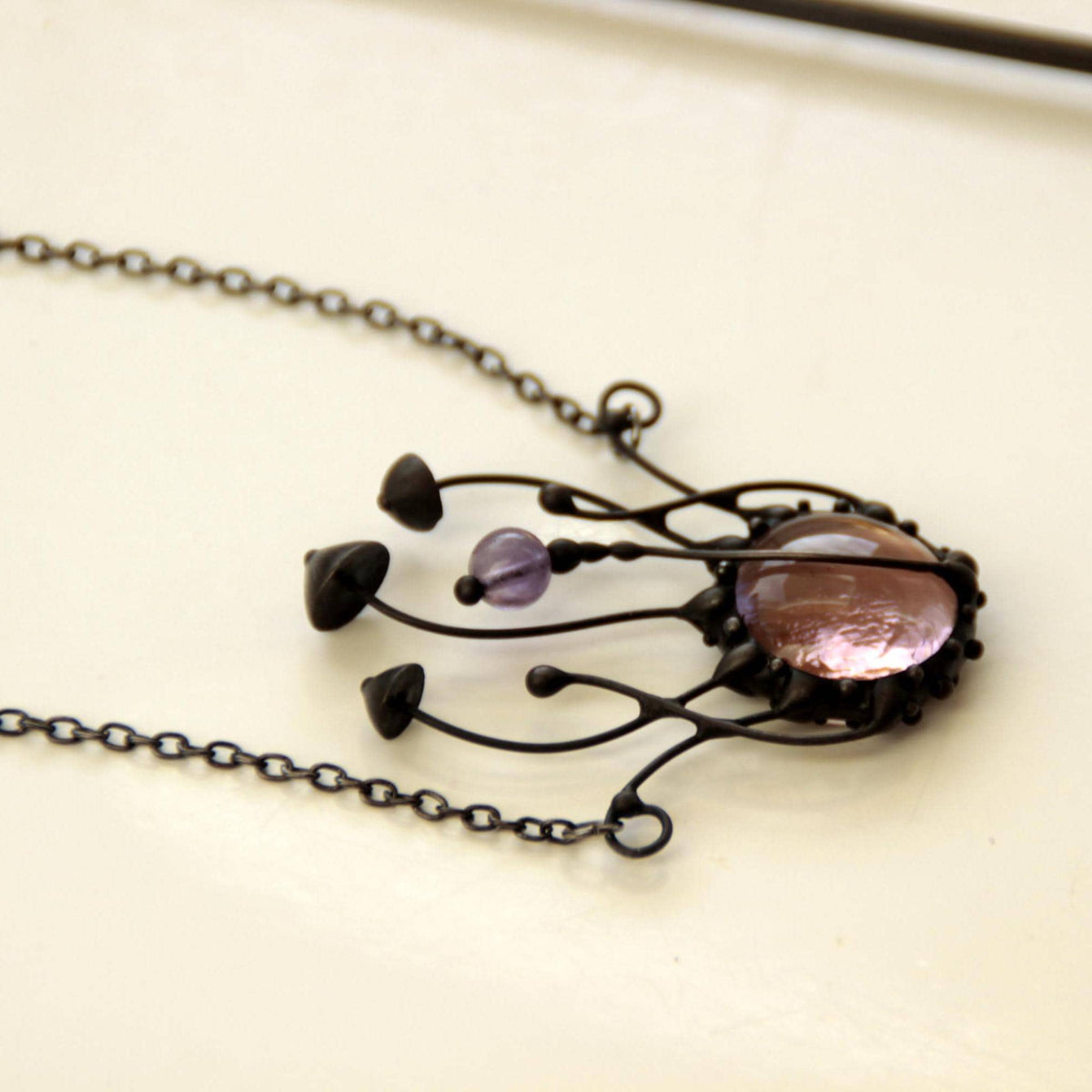 Pink Glass and Amethyst Mushroom Necklace – Blackened Copper