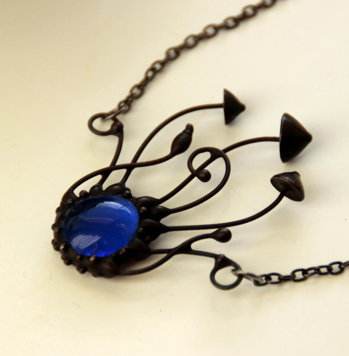 Blue Glass Mushroom Cluster Pendant – Blackened Copper