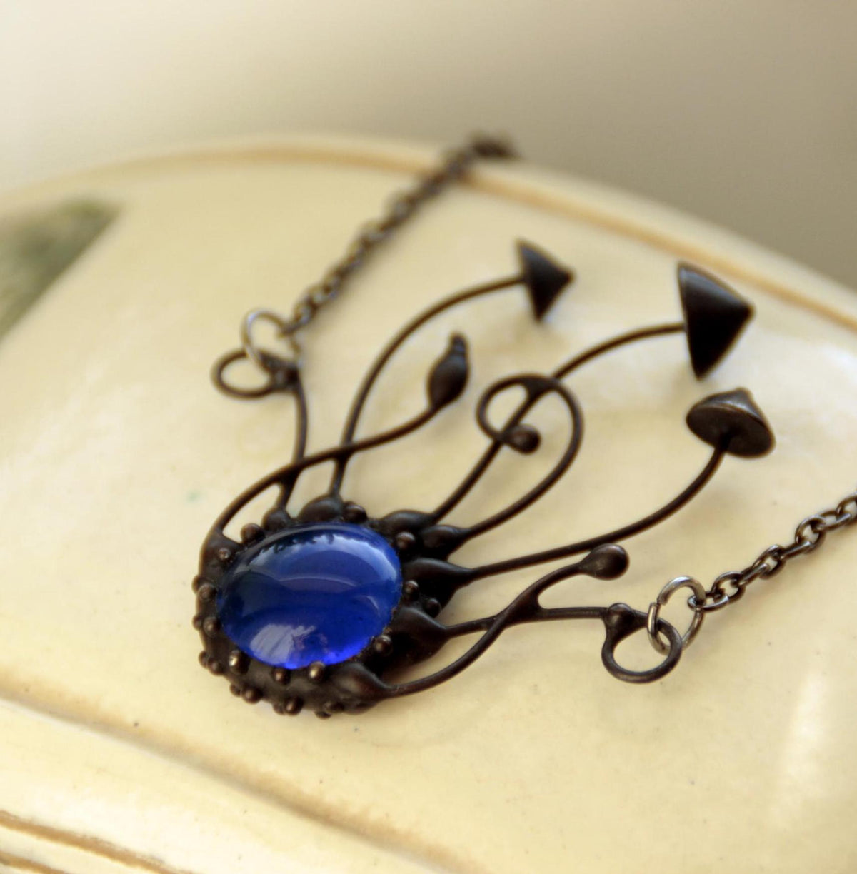 Blue Glass Mushroom Cluster Pendant – Blackened Copper