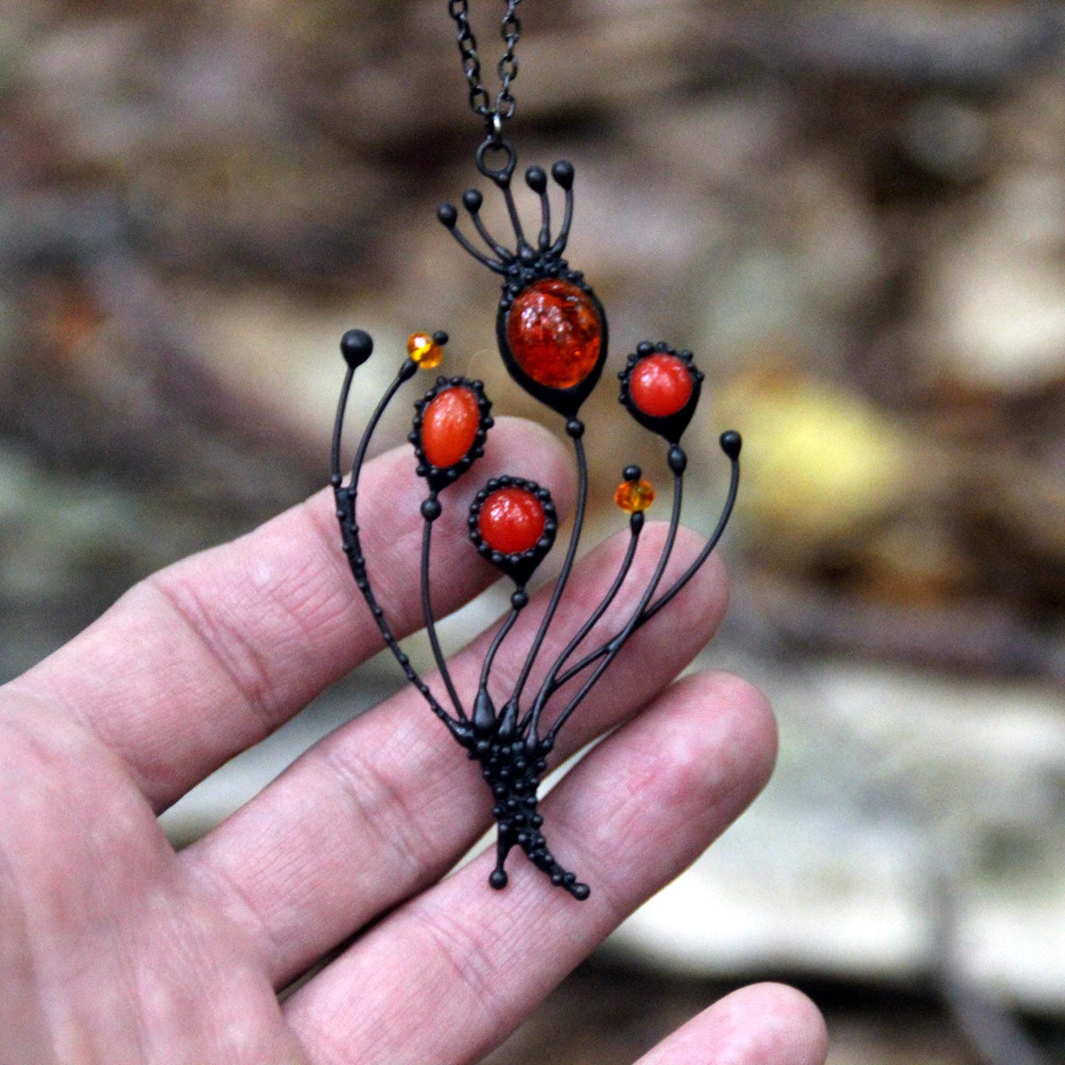 Red Stained Glass Poppy Necklace – Blackened Copper
