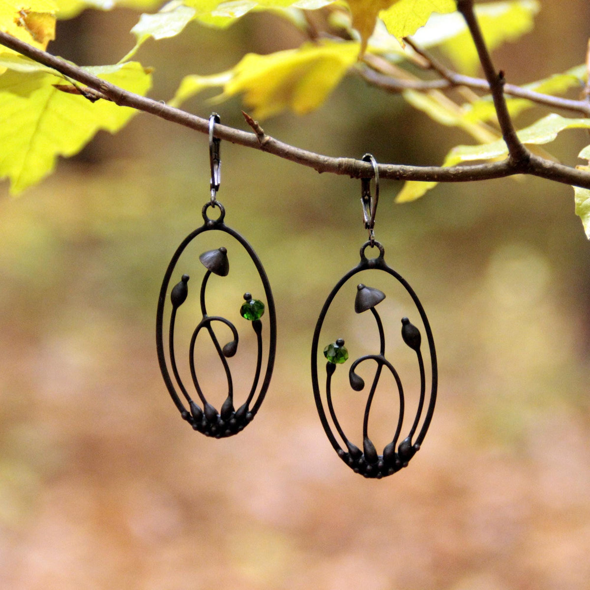 Green Glass Mushroom Earrings – Blackened Copper