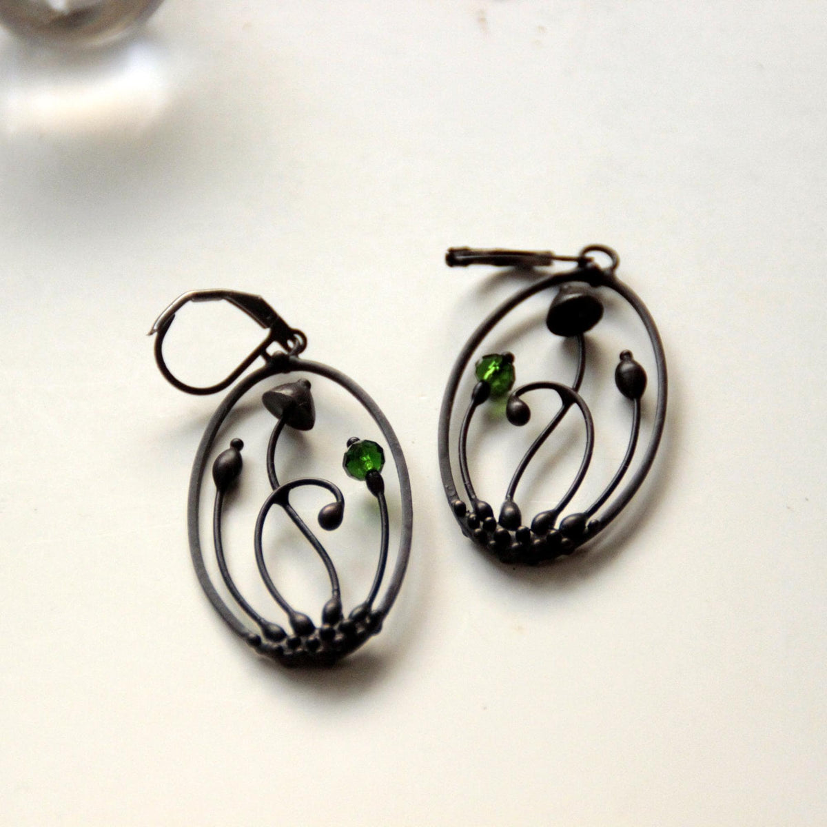 Green Glass Mushroom Earrings – Blackened Copper