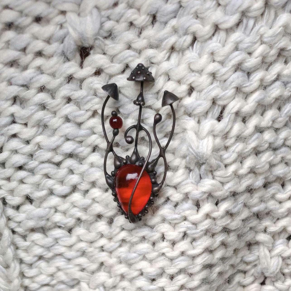 Red Glass Amanita Mushroom Brooch – Blackened Copper