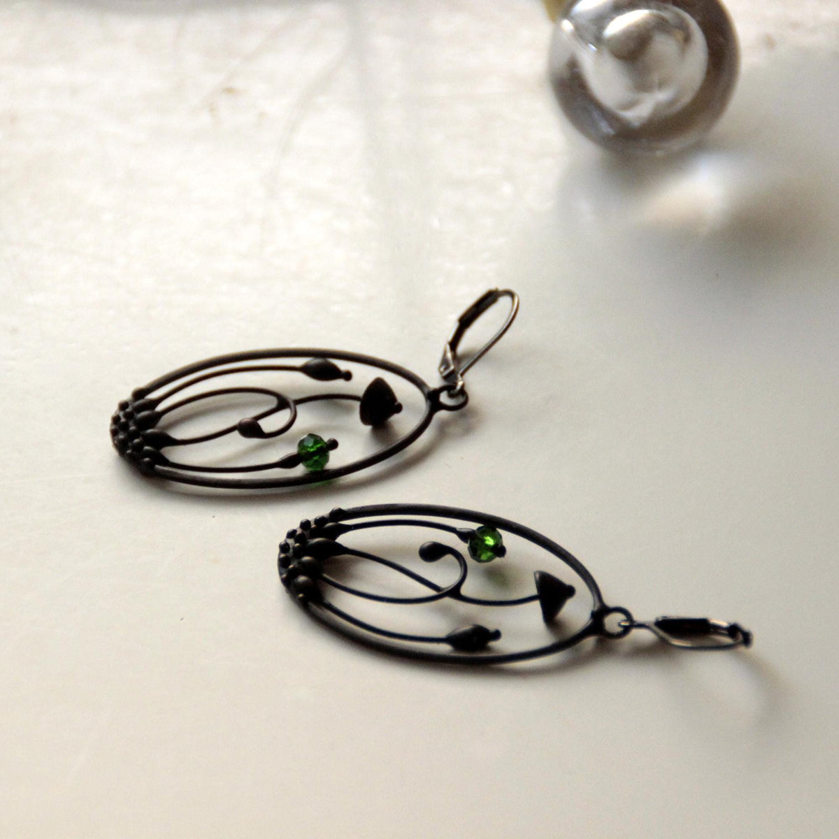 Green Glass Mushroom Earrings – Blackened Copper