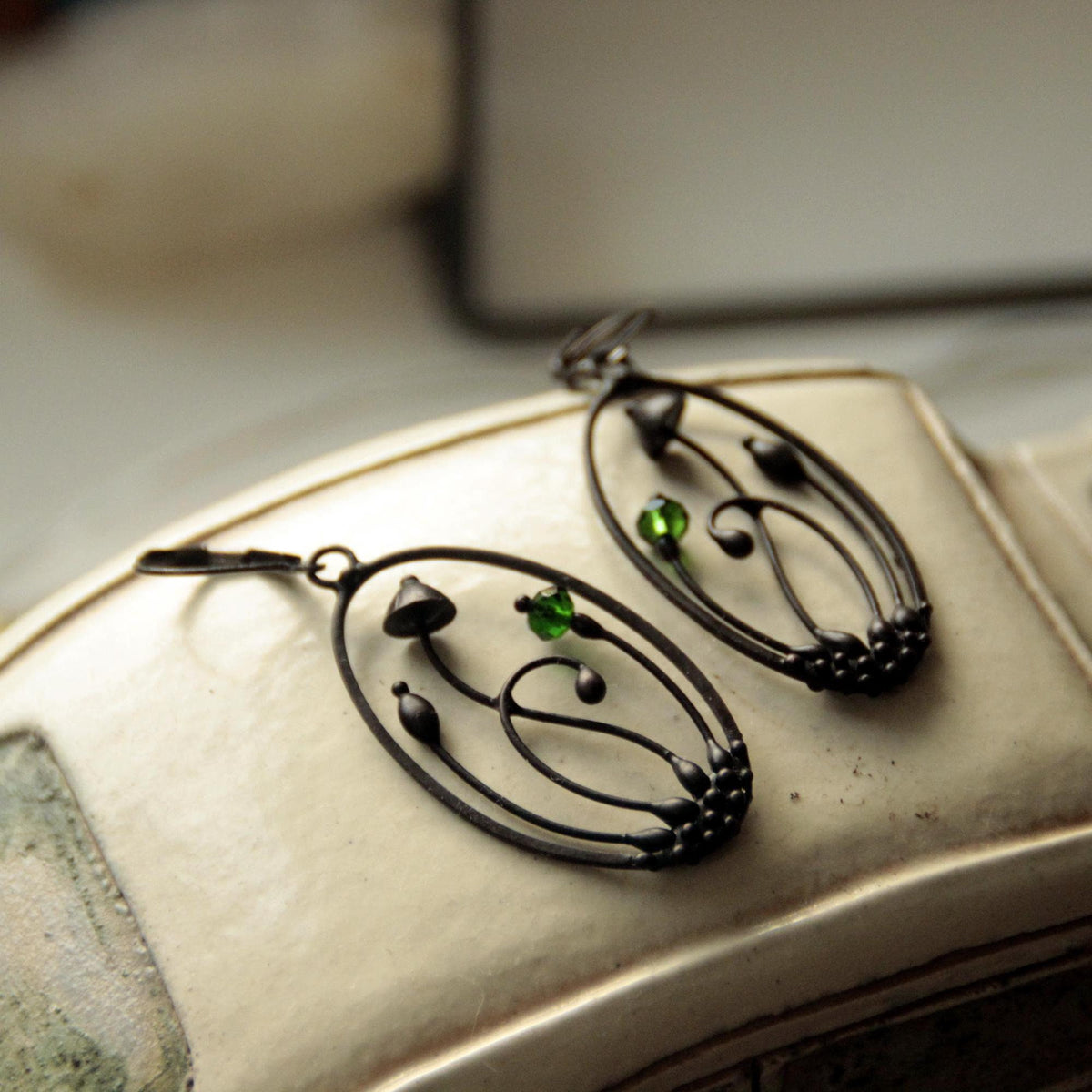 Green Glass Mushroom Earrings – Blackened Copper