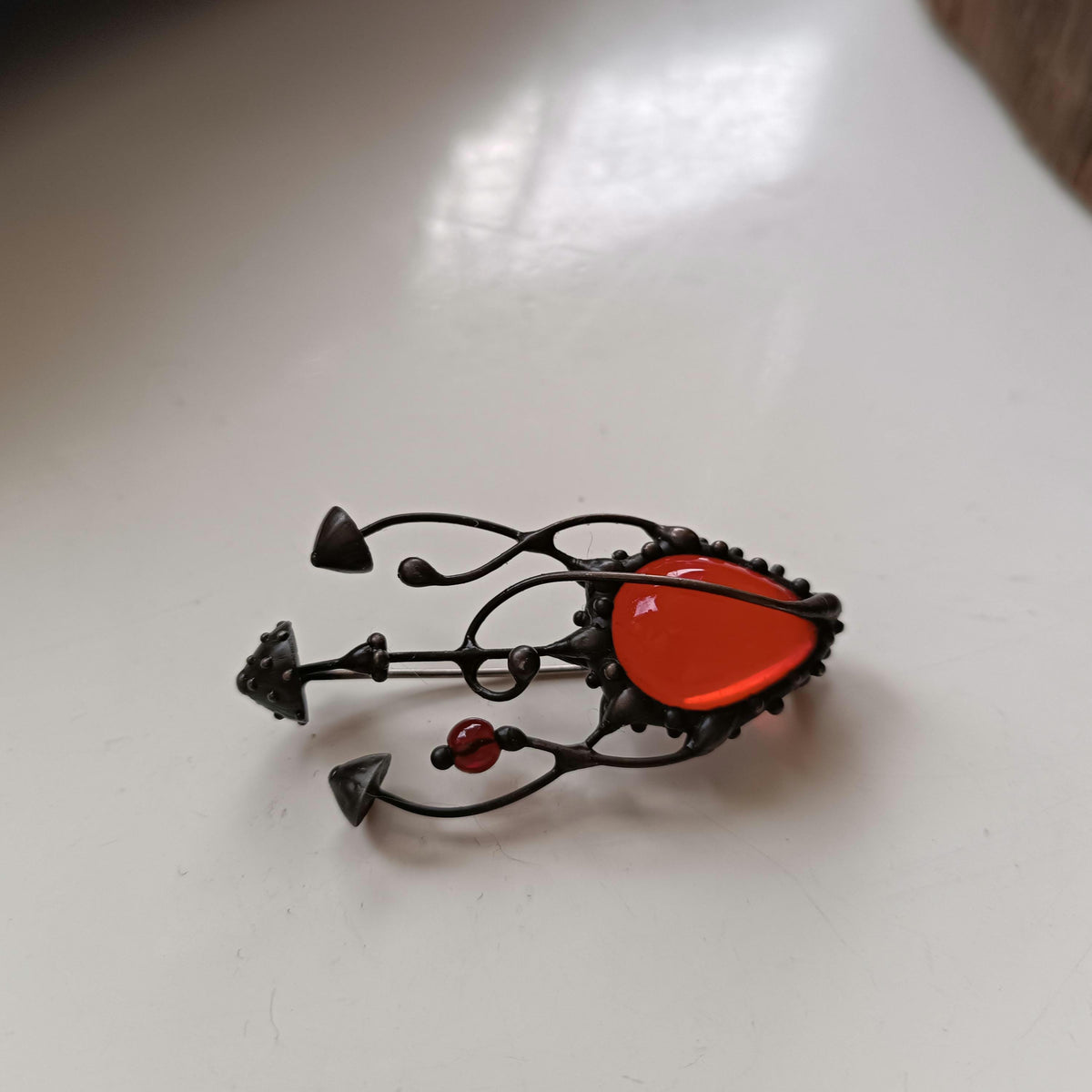 Red Glass Amanita Mushroom Brooch – Blackened Copper