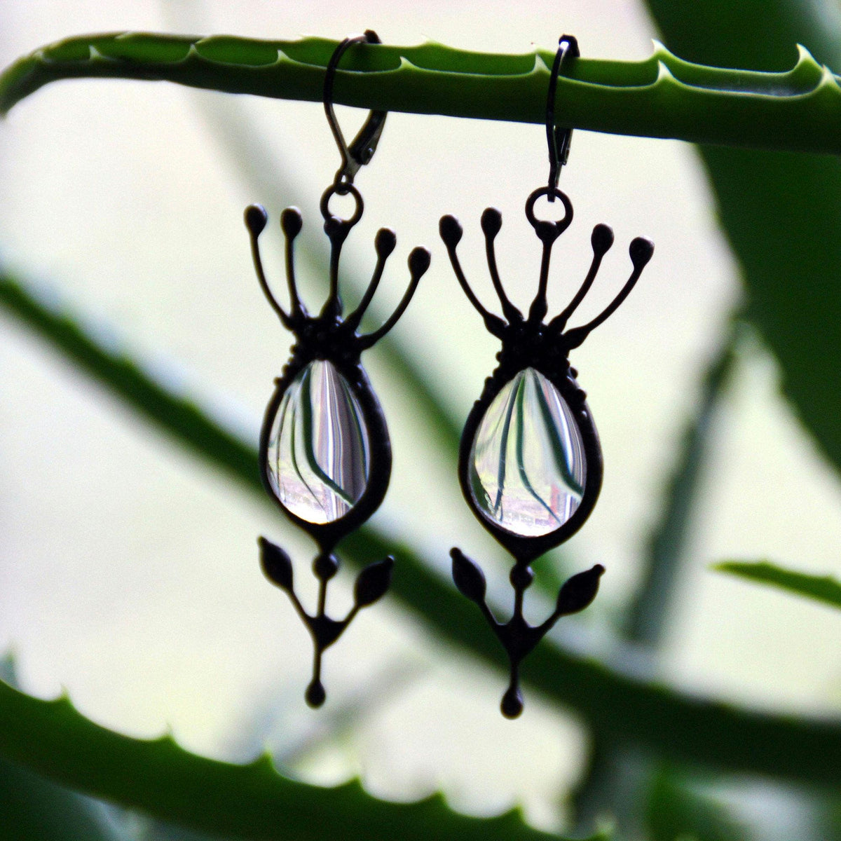 Clear Glass Flower Earrings – Blackened Copper Botanical Dangles – Sculptural