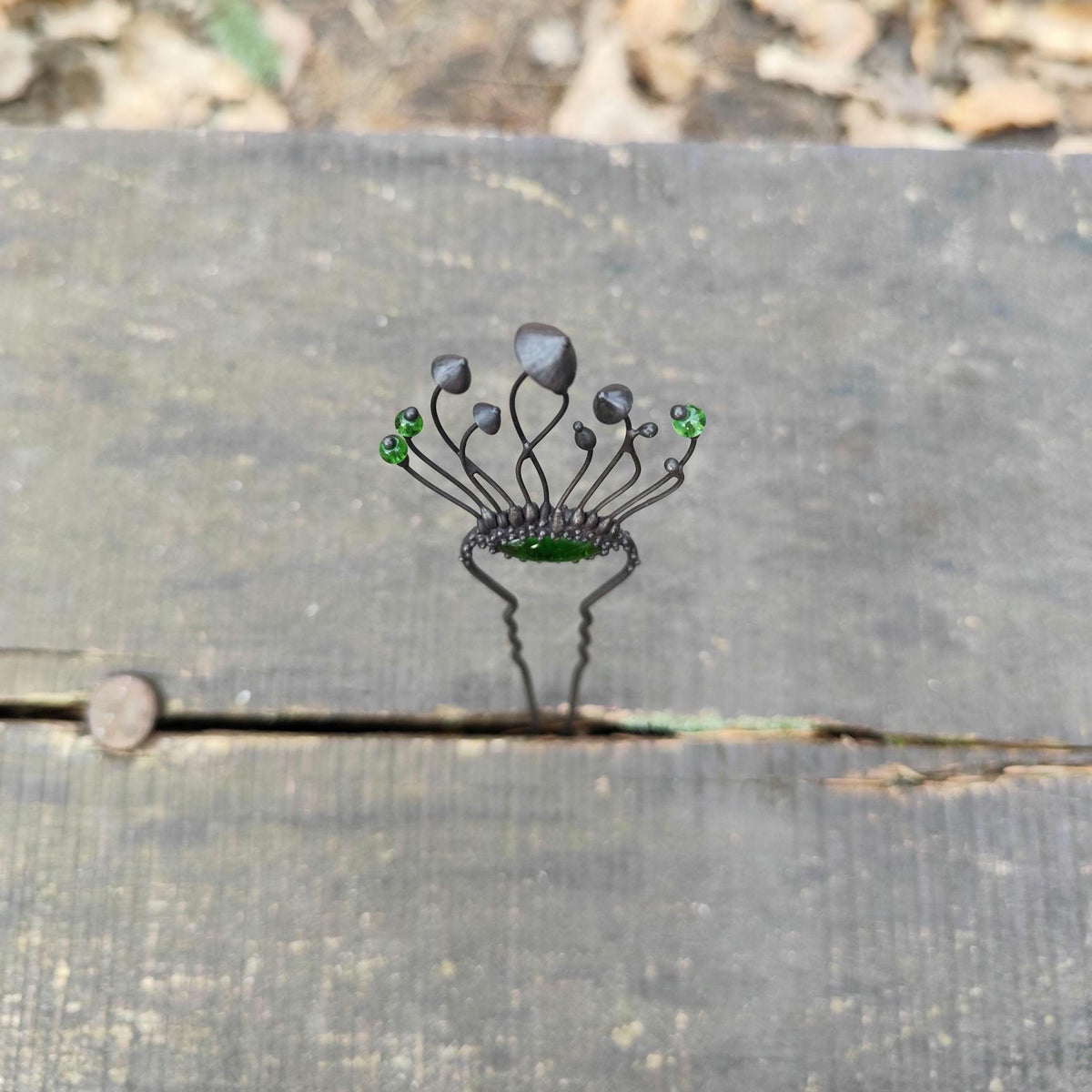 Green Glass Mushroom Hairpin – Blackened Copper
