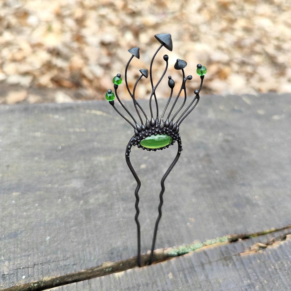 Green Glass Mushroom Hairpin – Blackened Copper