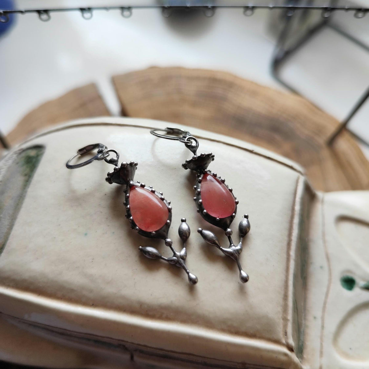 Watermelon Agate Flower Earrings – Silver Tone