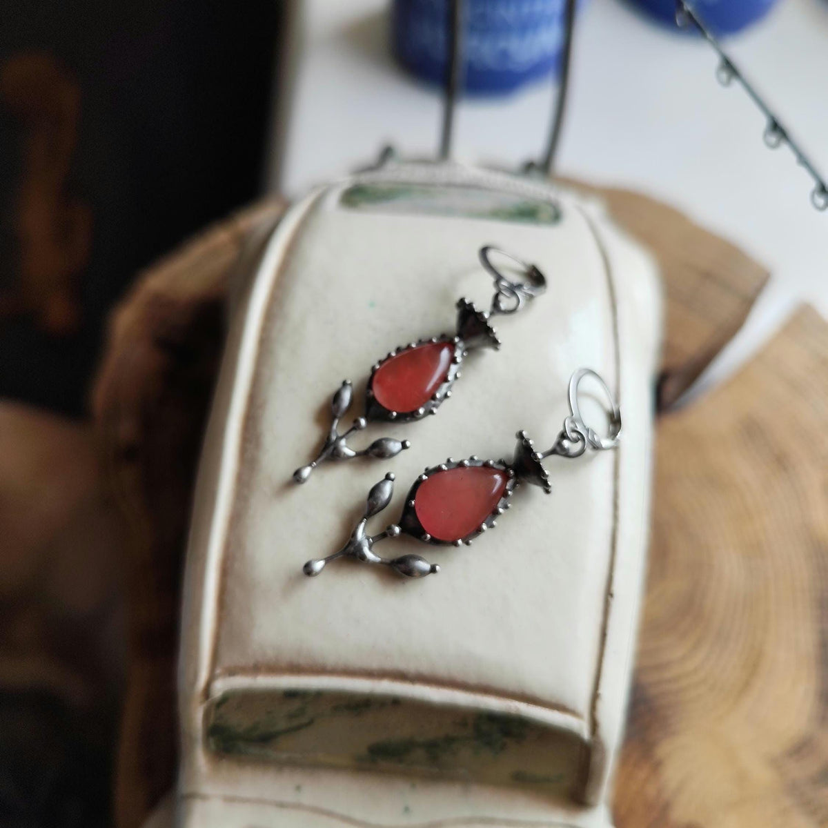 Watermelon Agate Flower Earrings – Silver Tone