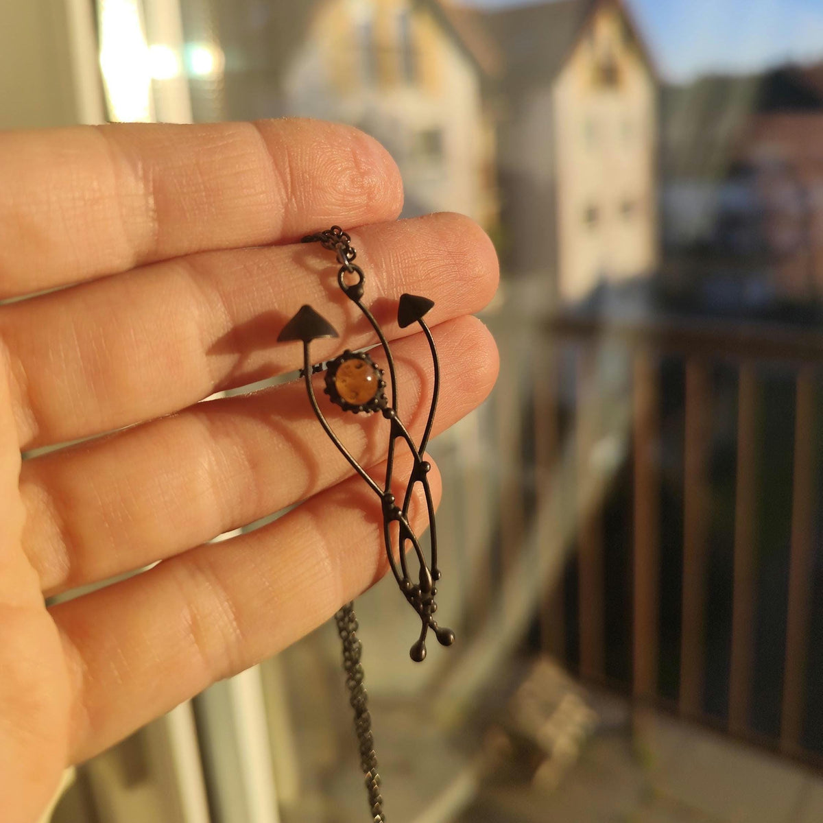 Yellow Glass Mushroom Necklace – Blackened Copper & Pewter Forest
