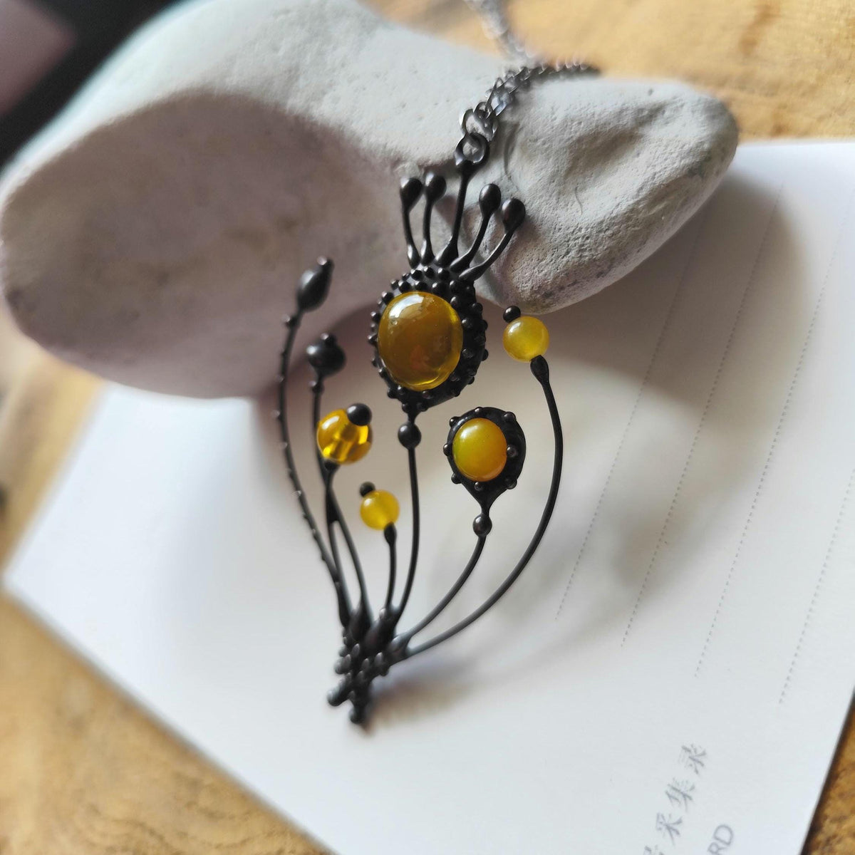 Yellow Glass Poppy Pendant Necklace – Blackened Copper