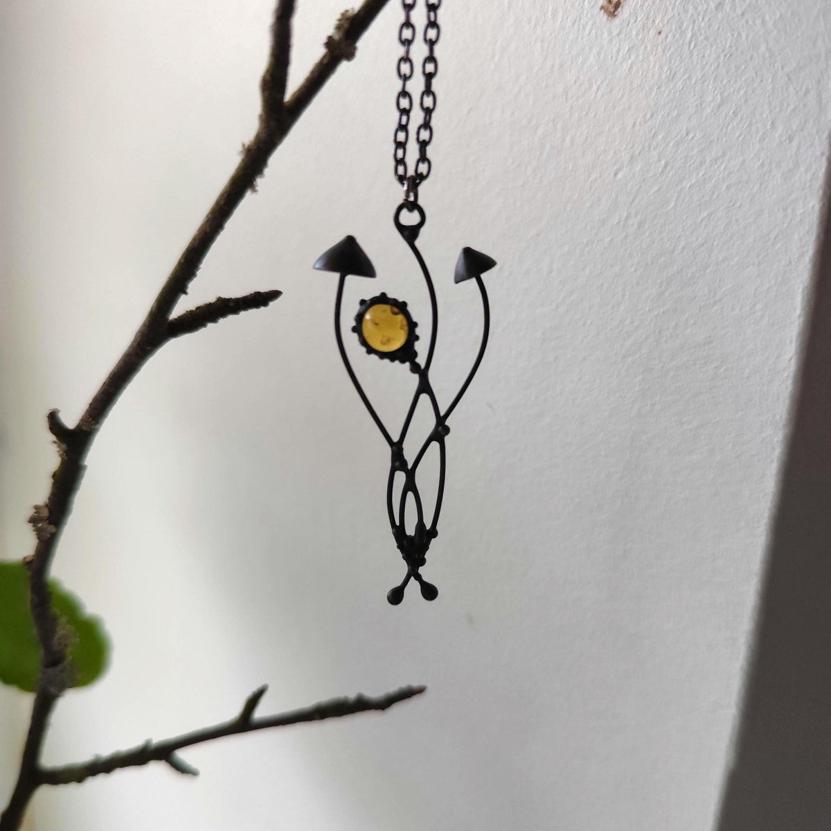 Yellow Glass Mushroom Necklace – Blackened Copper & Pewter Forest