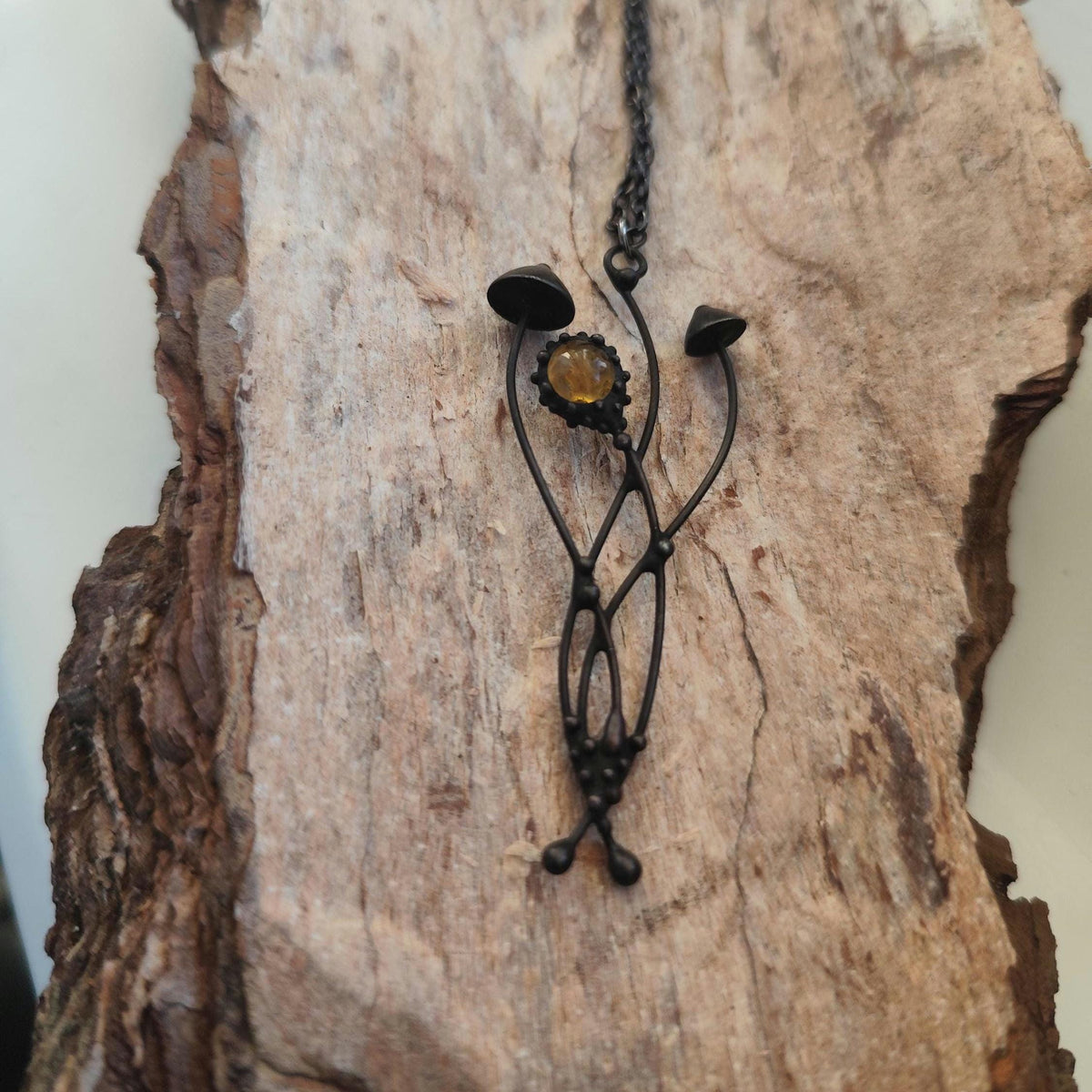 Yellow Glass Mushroom Necklace – Blackened Copper & Pewter Forest
