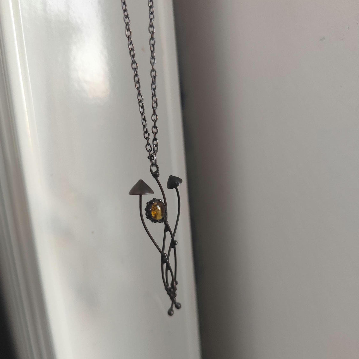Yellow Glass Mushroom Necklace – Blackened Copper & Pewter Forest